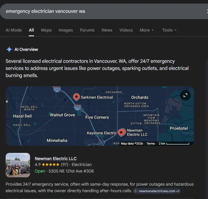 Google AI Overview citing Newman Electric for an emergency electrician query: a Savo Group AI SEO case-study result