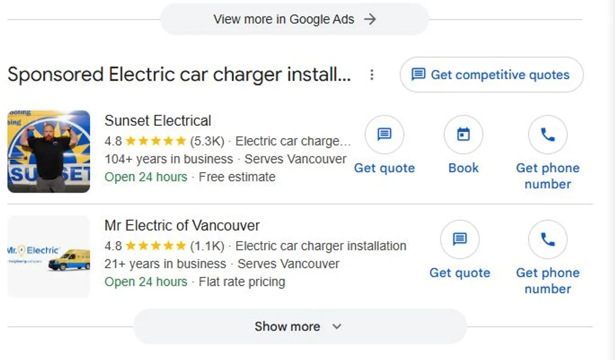 Google Local Service Ads sponsored block on an EV charger installation SERP: two electricians with star ratings, Get quote, Book, and Get phone number actions