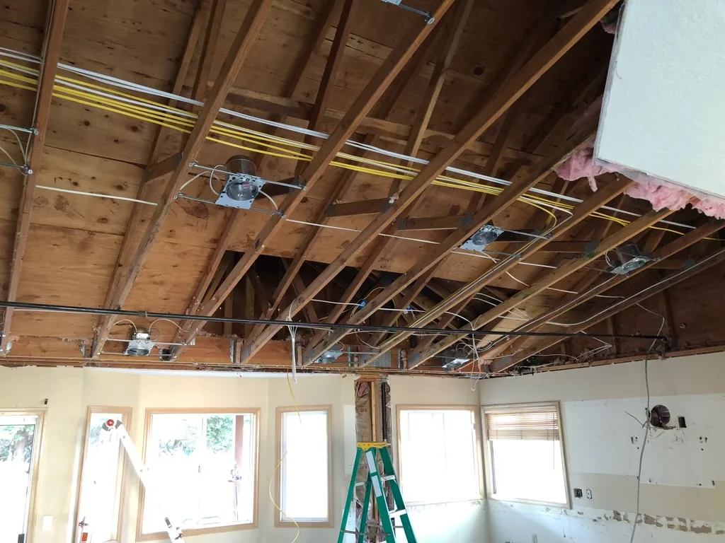 Open-ceiling rough-in wiring during home construction