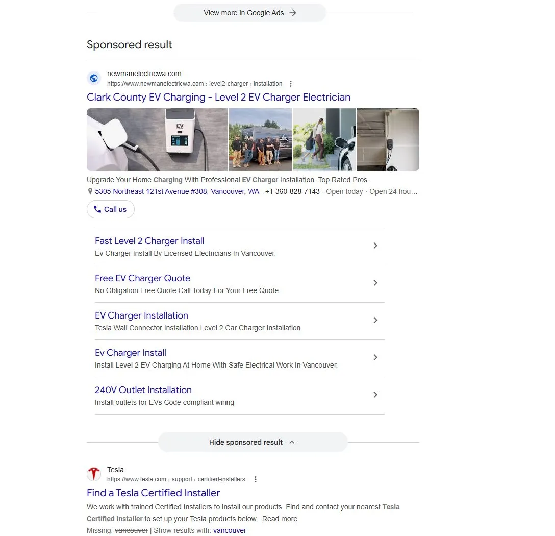 Newman Electric sponsored Google Ad on the EV charger installation SERP: a real paid result with sitelinks and call extension from a Savo Group case study