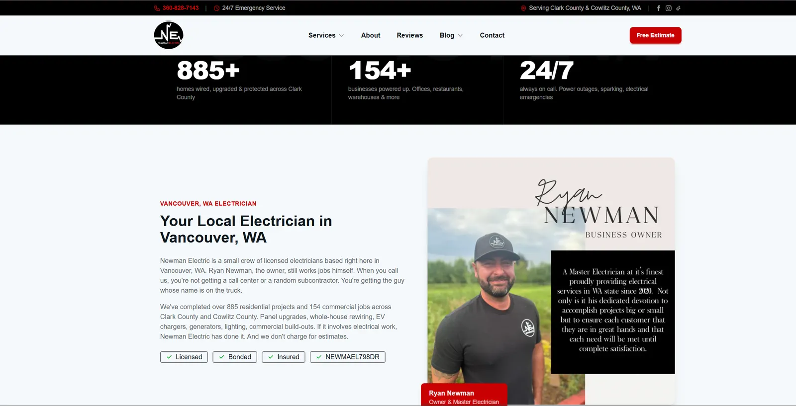 The Newman Electric website built by Savo Group: hand-coded electrician website with stats banner and master-electrician profile