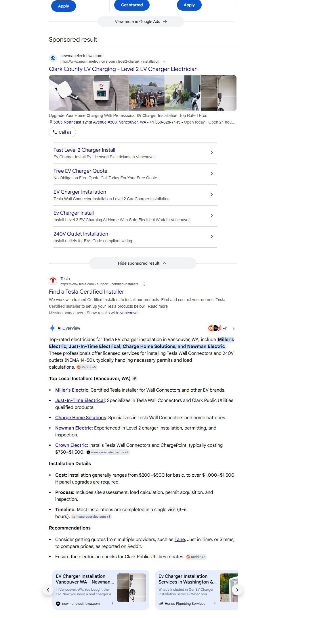 Newman Electric cited by Google AI Overview for EV charger installation queries