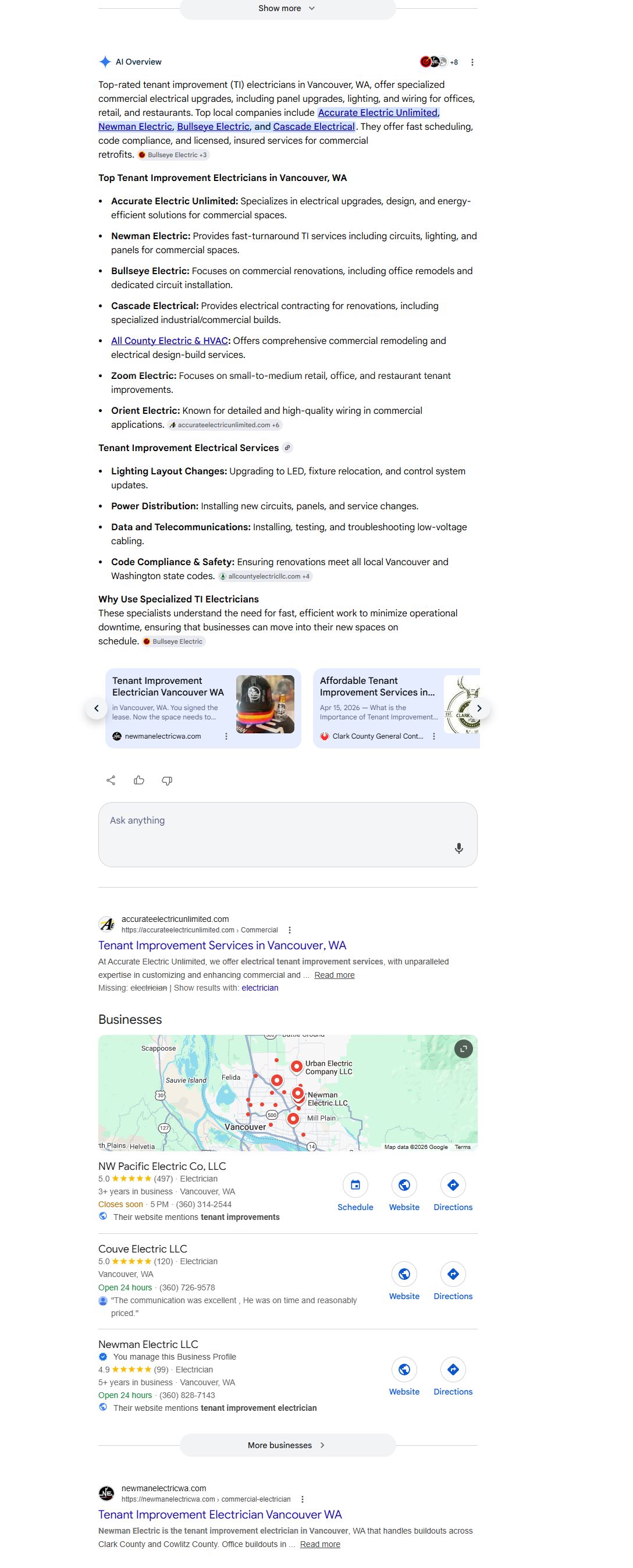 Newman Electric ranking in Google Map Pack for tenant improvement queries