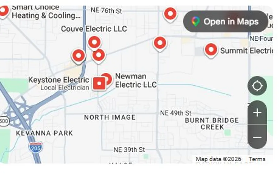 Google Map Pack for a commercial electrician search showing the local 3-pack with map, business cards, and call buttons